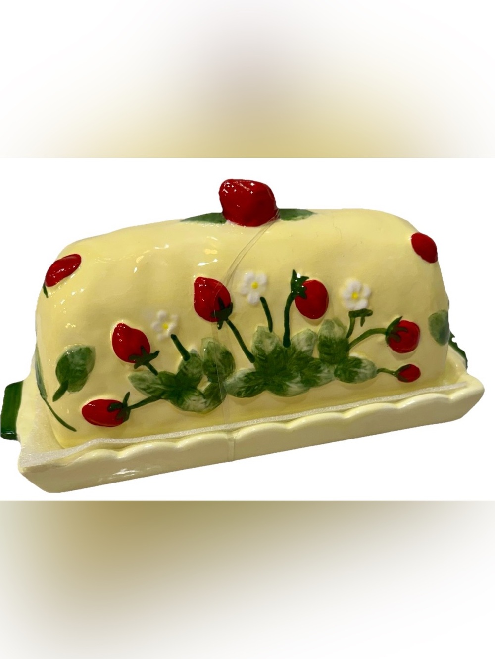 Potters Studio Large Spring Summer Yellow Butter Dish  w/Strawberries New